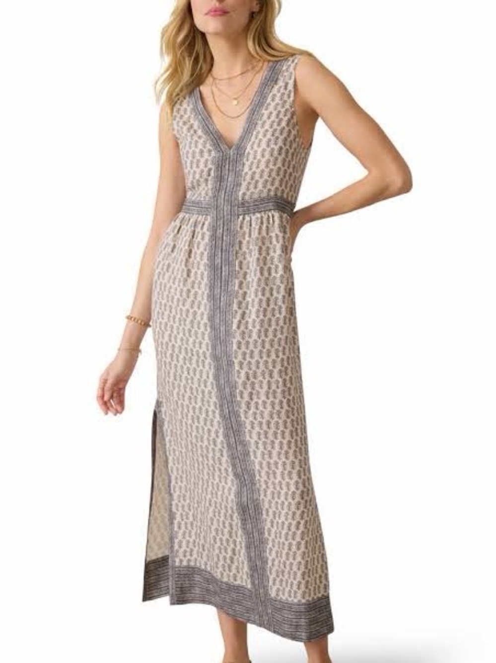 Faherty Cream Maxi Dress with Navy Trim